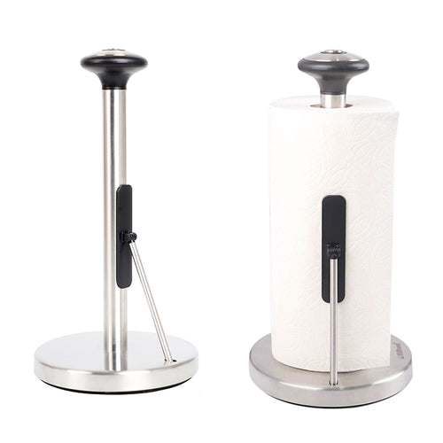 Hillbond Standing Paper Towel Holder: Spring Tension Arm for One-Handed Tear - Stainless Steel